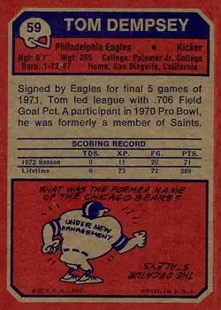 1973 Topps #59 - Tom Dempsey - Philadelphia Eagles - Back