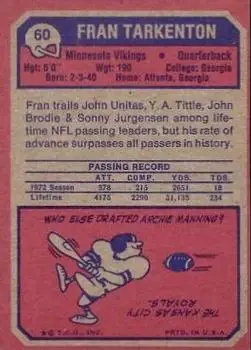 1973 Topps #60 - Fran Tarkenton - Minnesota Vikings - Back 1973 Topps #60 - Fran Tarkenton - Minnesota Vikings - Back