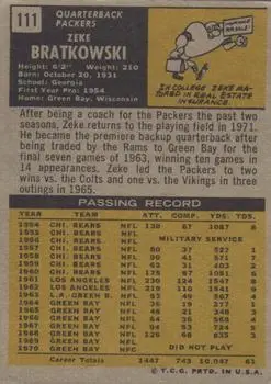 1971 Topps #111 - Zeke Bratkowski - Green Bay Packers - Back