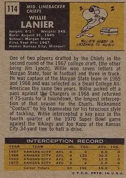 1971 Topps #114 - Willie Lanier - Kansas City Chiefs - Back
