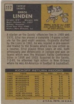1971 Topps #117 - Errol Linden - New Orleans Saints