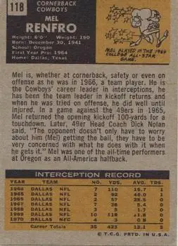 1971 Topps #118 - Mel Renfro - Dallas Cowboys - Back