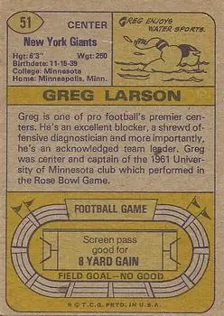 1974 Topps #51 - Greg Larson - New York Giants - Back 1974 Topps #51 - Greg Larson - New York Giants - Back