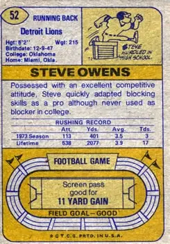 1974 Topps #52 - Steve Owens - Detroit Lions - Back