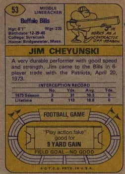 1974 Topps #53 - Jim Cheyunski - Buffalo Bills - Back