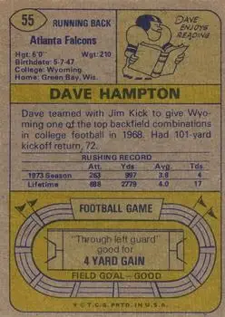 1974 Topps #55 - Dave Hampton - Atlanta Falcons - Back
