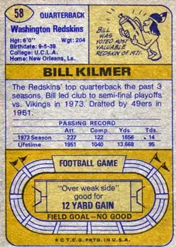 1974 Topps #58 - Bill Kilmer - Washington Redskins - Back 1974 Topps #58 - Bill Kilmer - Washington Redskins - Back
