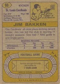 1974 Topps #60 - Jim Bakken - St. Louis Cardinals - Back 1974 Topps #60 - Jim Bakken - St. Louis Cardinals - Back
