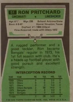 1975 Topps #51 - Ron Pritchard - Cincinnati Bengals - Back