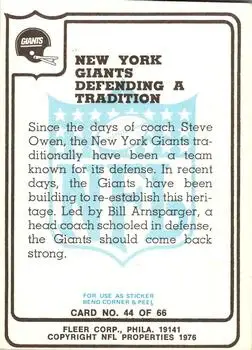1976 Fleer Team Action #44 - Card #44 - New York Giants - Back
