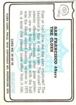 1976 Fleer Team Action #49 - Card #49 - San Francisco 49ers - Back