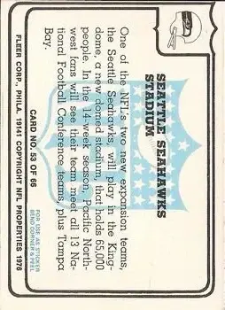 1976 Fleer Team Action #53 - Card #53 - Seattle Seahawks - Back