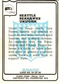 1976 Fleer Team Action #54 - Card #54 - Seattle Seahawks - Back