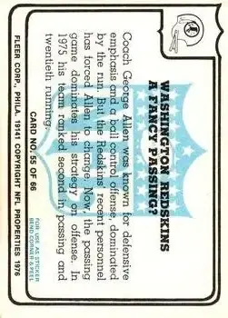 1976 Fleer Team Action #55 - Card #55 - Washington Redskins - Back