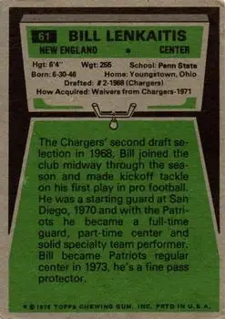 1975 Topps #61 - Bill Lenkaitis - New England Patriots - Back