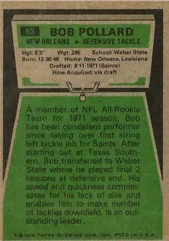 1975 Topps #63 - Bob Pollard - New Orleans Saints - Back