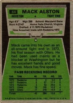 1975 Topps #64 - Mack Alston - Houston Oilers - Back 1975 Topps #64 - Mack Alston - Houston Oilers - Back