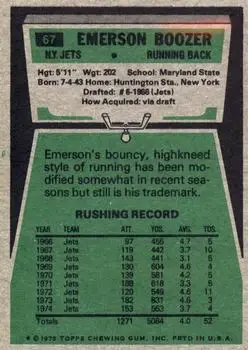 1975 Topps #67 - Emerson Boozer - New York Jets - Back