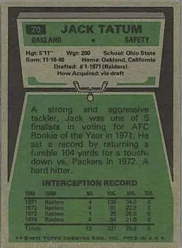 1975 Topps #70 - Jack Tatum - Oakland Raiders - Back 1975 Topps #70 - Jack Tatum - Oakland Raiders - Back