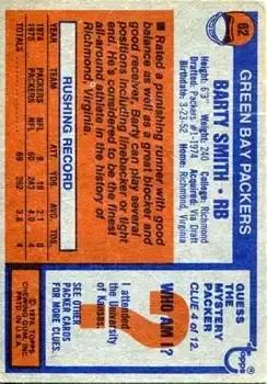 1976 Topps #62 - Barty Smith - Green Bay Packers - Back 1976 Topps #62 - Barty Smith - Green Bay Packers - Back