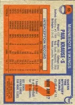 1976 Topps #65 - Paul Krause - Minnesota Vikings - Back