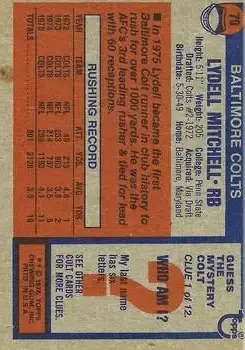 1976 Topps #70 - Lydell Mitchell - Baltimore Colts - Back