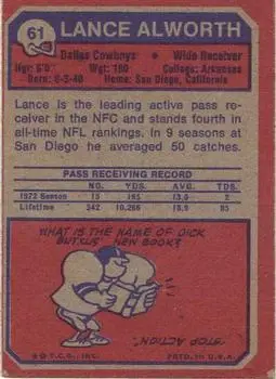 1973 Topps #61 - Lance Alworth - Dallas Cowboys - Back