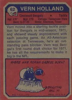 1973 Topps #62 - Vern Holland - Cincinnati Bengals - Back