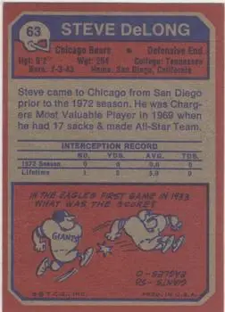 1973 Topps #63 - Steve DeLong - Chicago Bears - Back