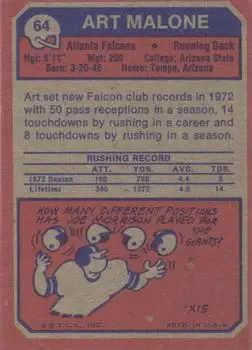 1973 Topps #64 - Art Malone - Atlanta Falcons - Back