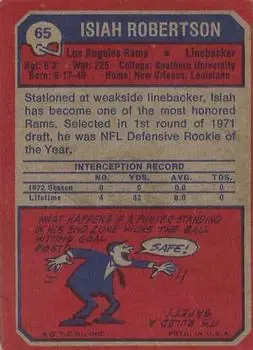 1973 Topps #65 - Isiah Robertson - Los Angeles Rams - Back 1973 Topps #65 - Isiah Robertson - Los Angeles Rams - Back