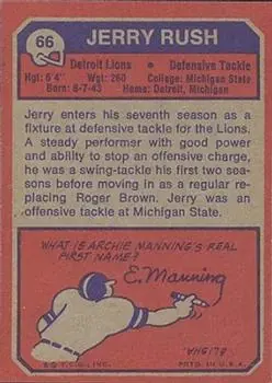 1973 Topps #66 - Jerry Rush - Detroit Lions - Back