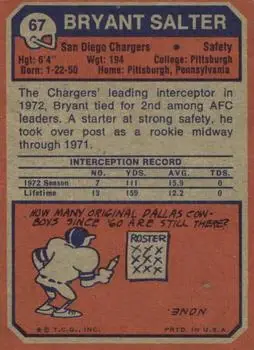 1973 Topps #67 - Bryant Salter - San Diego Chargers - Back