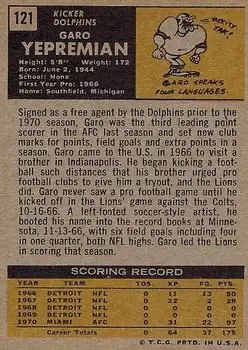 1971 Topps #121 - Garo Yepremian - Miami Dolphins