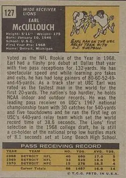 1971 Topps #127 - Earl McCullouch - Detroit Lions - Back