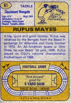 1974 Topps #61 - Rufus Mayes - Cincinnati Bengals - Back