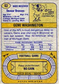 1974 Topps #63 - Gene Washington - Denver Broncos - Back