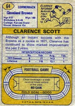 1974 Topps #64 - Clarence Scott - Cleveland Browns - Back