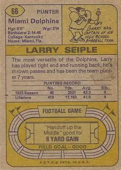 1974 Topps #66 - Larry Seiple - Miami Dolphins - Back 1974 Topps #66 - Larry Seiple - Miami Dolphins - Back