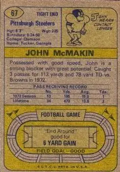 1974 Topps #67 - John McMakin - Pittsburgh Steelers - Back 1974 Topps #67 - John McMakin - Pittsburgh Steelers - Back