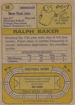 1974 Topps #68 - Ralph Baker - New York Jets - Back