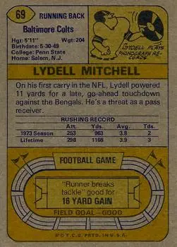 1974 Topps #69 - Lydell Mitchell - Baltimore Colts - Back