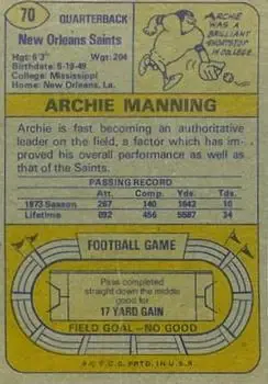1974 Topps #70 - Archie Manning - New Orleans Saints - Back 1974 Topps #70 - Archie Manning - New Orleans Saints - Back