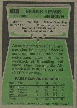 1975 Topps #71 - Frank Lewis - Pittsburgh Steelers - Back