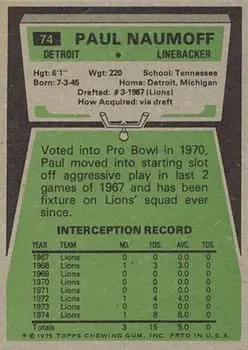 1975 Topps #74 - Paul Naumoff - Detroit Lions - Back