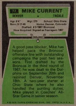 1975 Topps #77 - Mike Current - Denver Broncos - Back 1975 Topps #77 - Mike Current - Denver Broncos - Back
