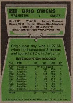 1975 Topps #78 - Brig Owens - Washington Redskins - Back 1975 Topps #78 - Brig Owens - Washington Redskins - Back