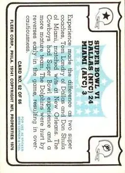 1976 Fleer Team Action #62 - Card #62 - Back