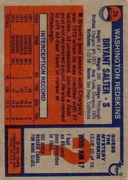 1976 Topps #74 - Bryant Salter - Washington Redskins - Back 1976 Topps #74 - Bryant Salter - Washington Redskins - Back