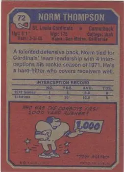1973 Topps #72 - Norm Thompson - St. Louis Cardinals - Back 1973 Topps #72 - Norm Thompson - St. Louis Cardinals - Back